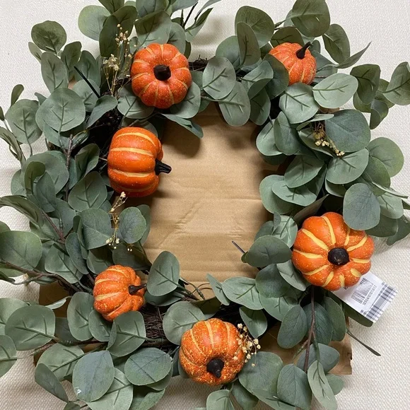 Kirklands Stores, Inc, Eucalyptus and Baby's Breath Pumpkin Wreath 24 in. - Picture 2 of 4